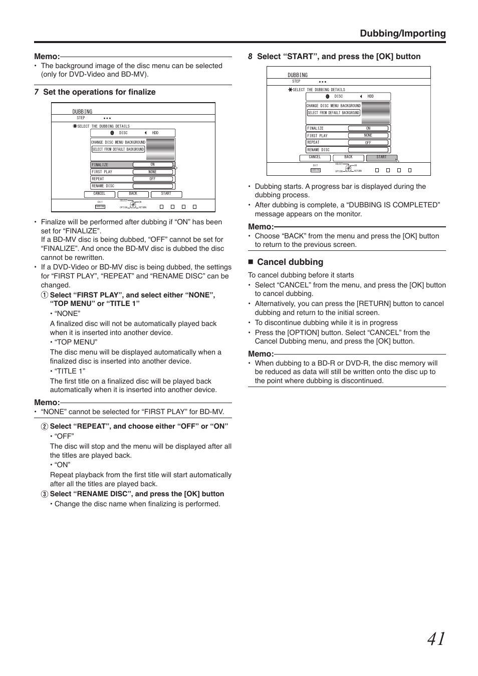 Dubbing/importing, Cancel dubbing, 8select “start”, and press the [ok] button | 7set the operations for finalize | Tascam BD-R2000 User Manual | Page 41 / 112