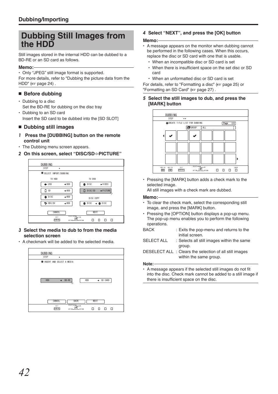 Dubbing still images from the hdd, Dubbing/importing, Before dubbing | Dubbing still images | Tascam BD-R2000 User Manual | Page 42 / 112