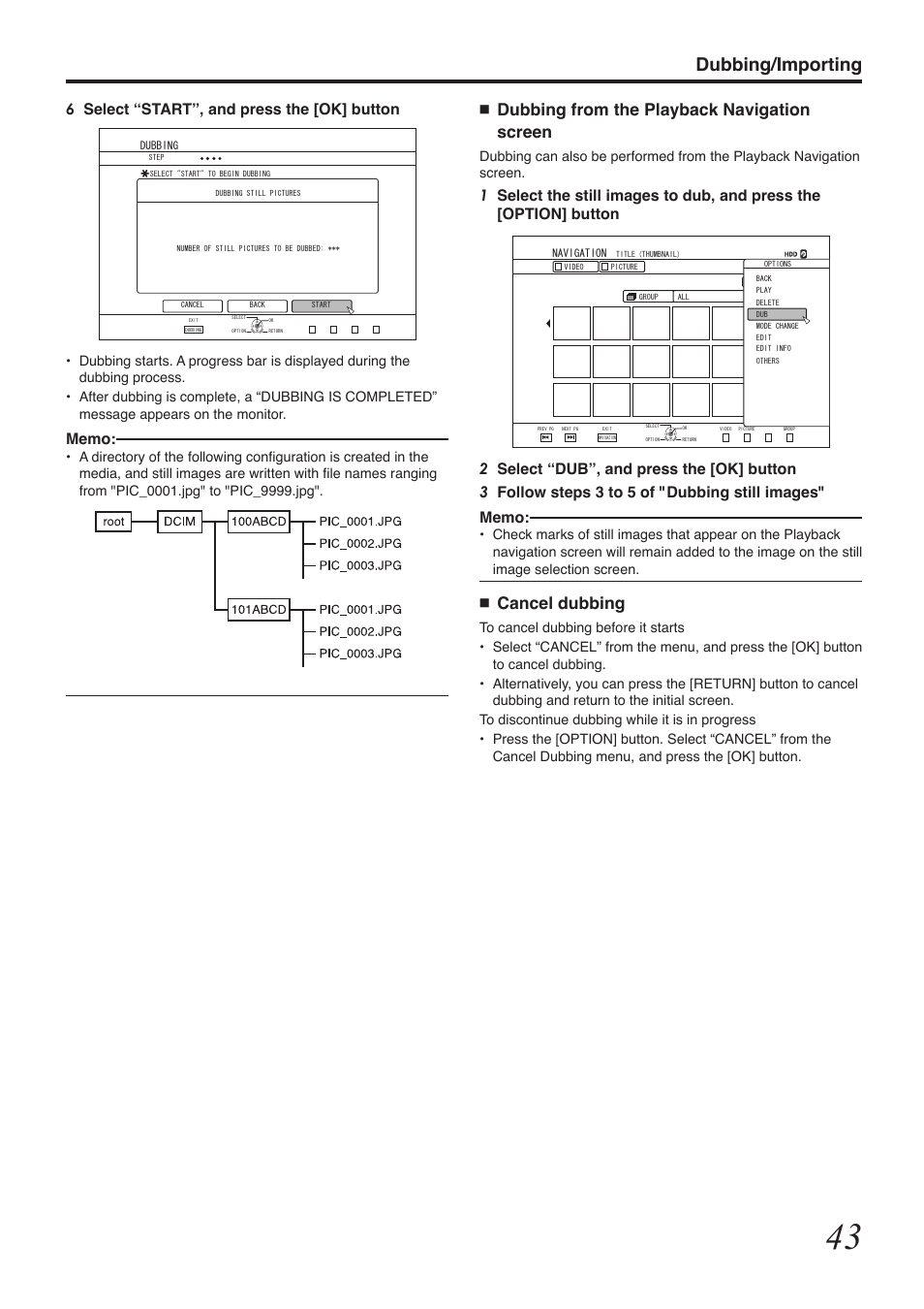 Dubbing/importing, Dubbing from the playback navigation screen, Cancel dubbing | 6select “start”, and press the [ok] button | Tascam BD-R2000 User Manual | Page 43 / 112