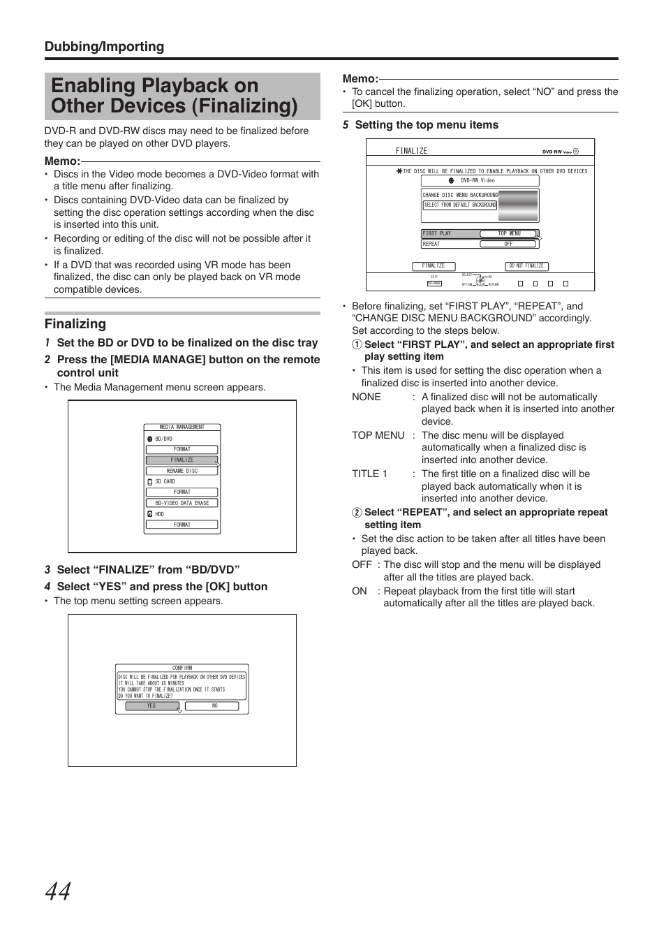 Enabling playback on other devices (finalizing), Dubbing/importing, Finalizing | Tascam BD-R2000 User Manual | Page 44 / 112