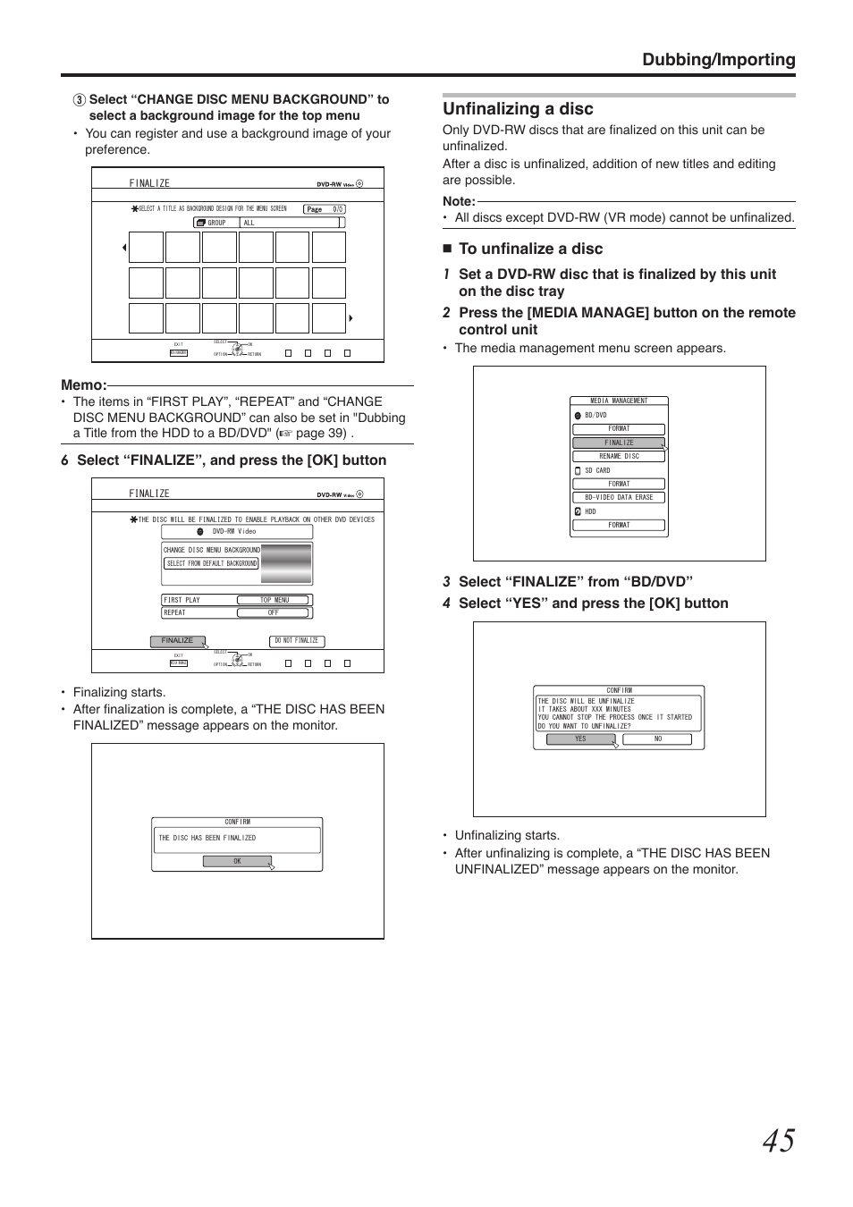 Dubbing/importing unfinalizing a disc, 6select “finalize”, and press the [ok] button | Tascam BD-R2000 User Manual | Page 45 / 112