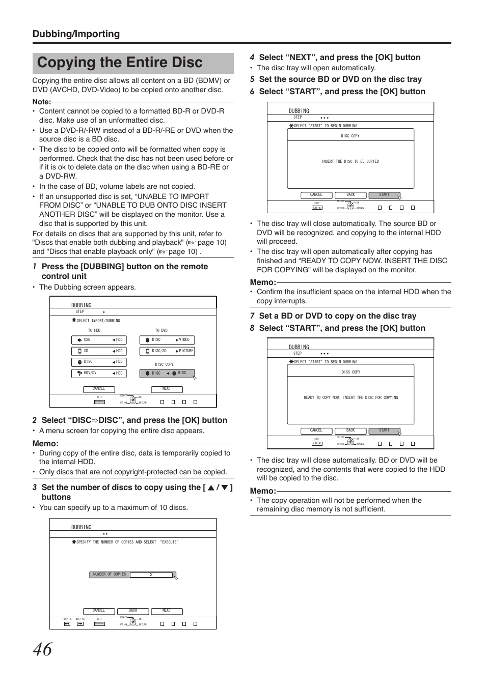 Copying the entire disc, Dubbing/importing, 4select “next”, and press the [ok] button | 2select “disc h disc”, and press the [ok] button | Tascam BD-R2000 User Manual | Page 46 / 112