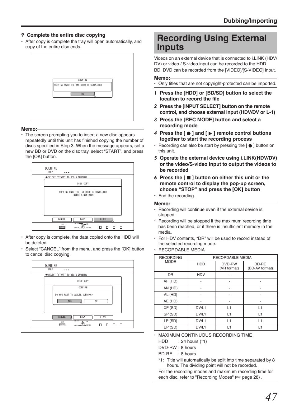 Recording using external inputs, Dubbing/importing, 9complete the entire disc copying | Tascam BD-R2000 User Manual | Page 47 / 112