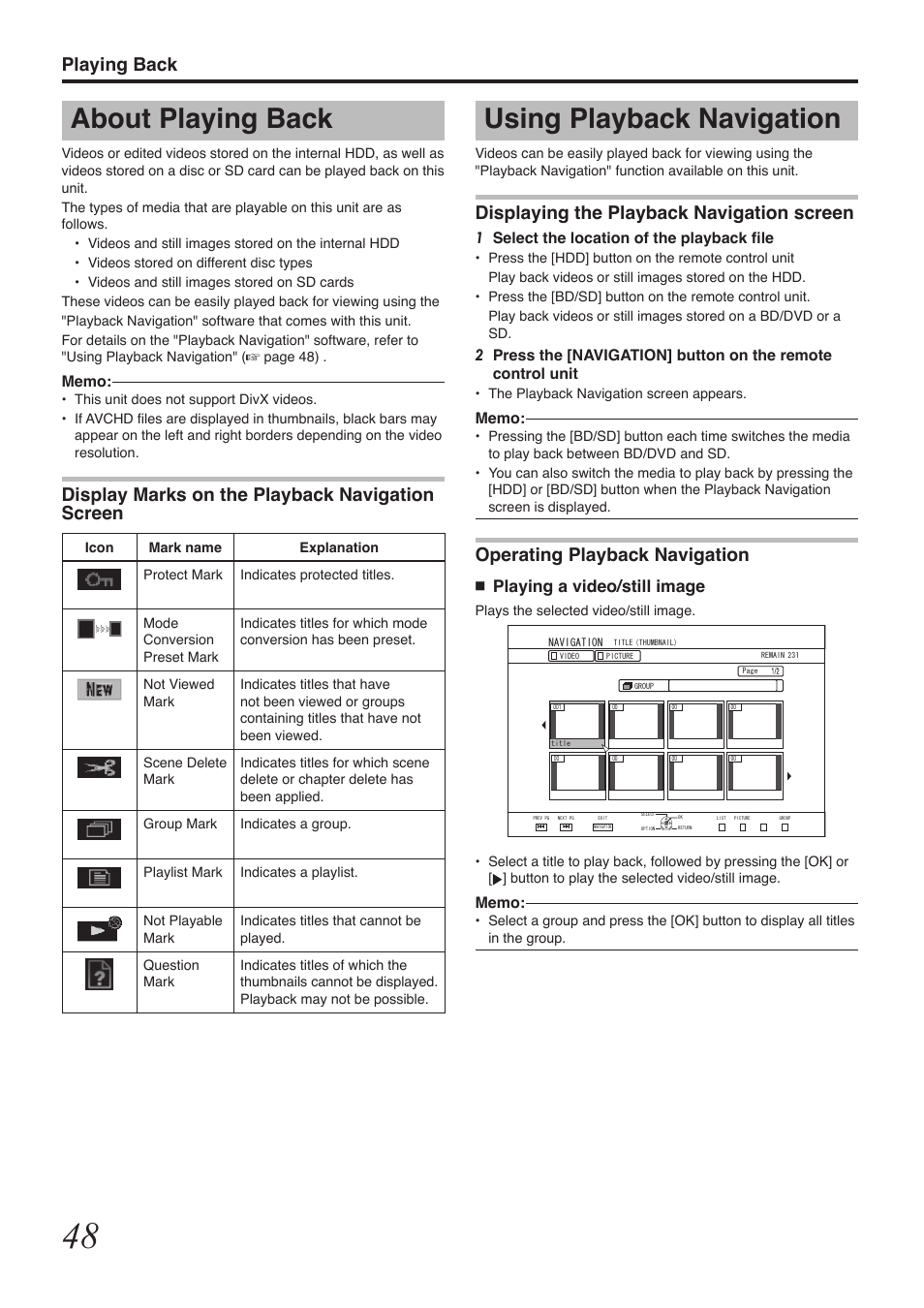 Using playback navigation, About playing back, Playing back | Displaying the playback navigation screen, Operating playback navigation, Display marks on the playback navigation screen, Playing a video/still image | Tascam BD-R2000 User Manual | Page 48 / 112