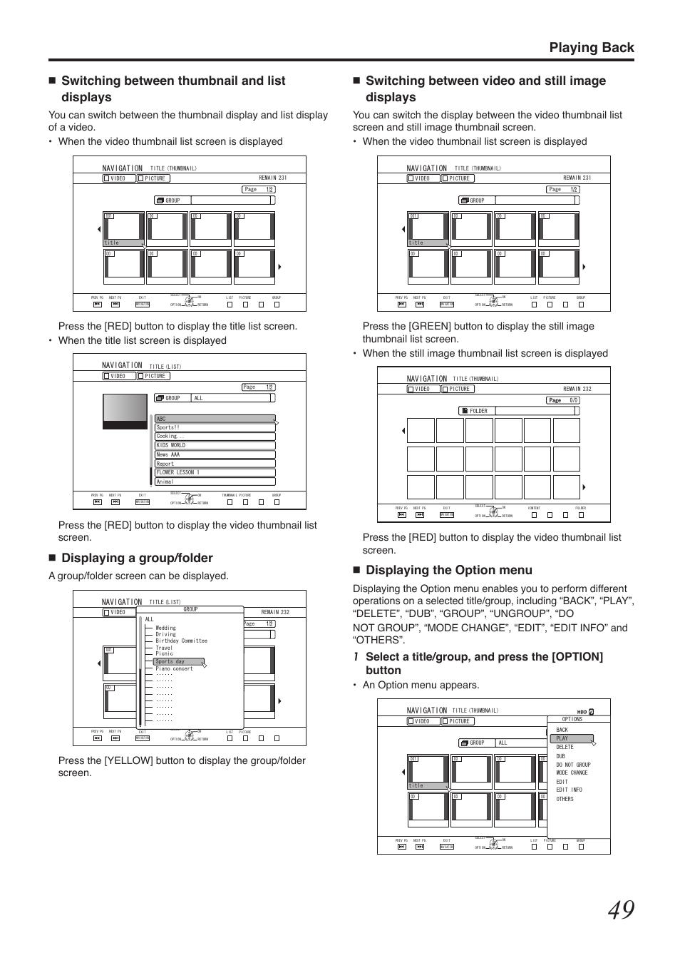 Playing back, Switching between video and still image displays, Displaying the option menu | Switching between thumbnail and list displays, Displaying a group/folder, An option menu appears | Tascam BD-R2000 User Manual | Page 49 / 112