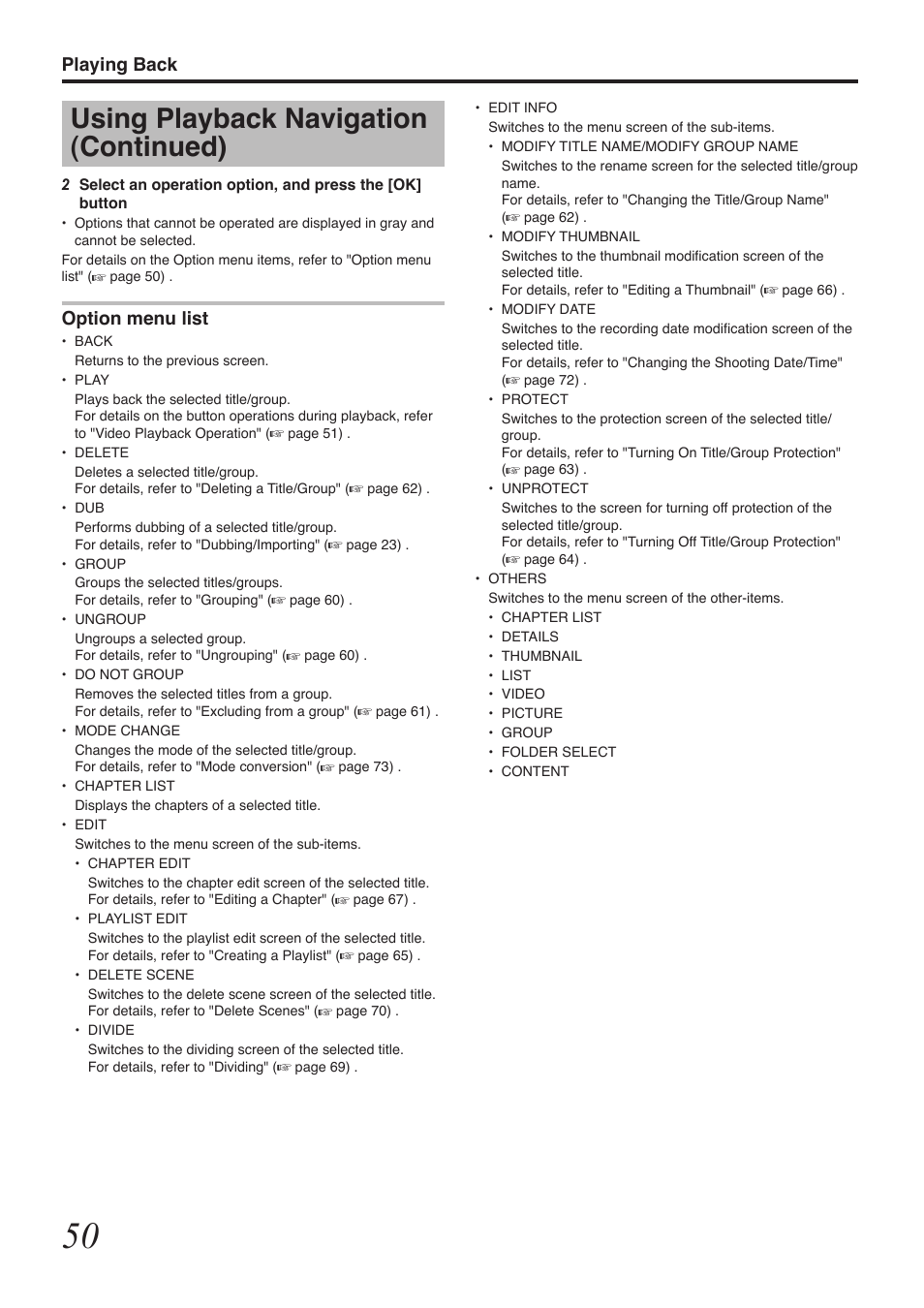 Using playback navigation (continued), Playing back, Option menu list | Tascam BD-R2000 User Manual | Page 50 / 112