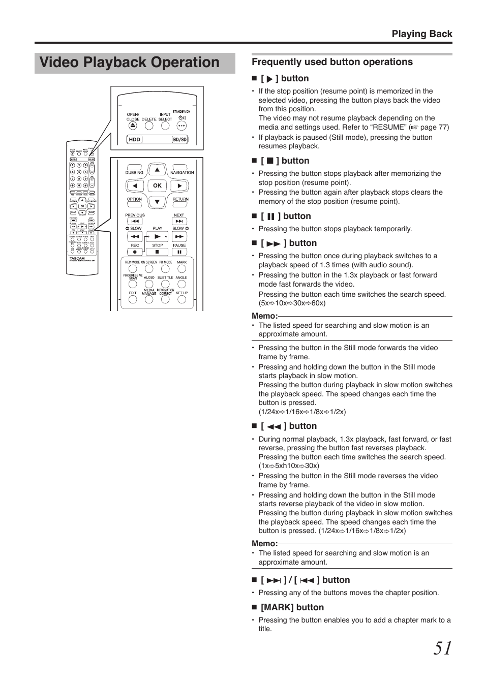 Video playback operation, Playing back frequently used button operations | Tascam BD-R2000 User Manual | Page 51 / 112