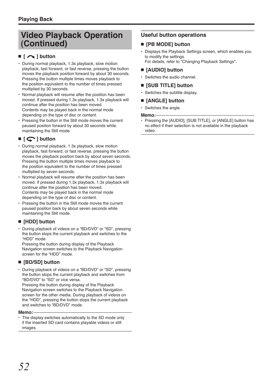 Video playback operation (continued), Playing back useful button operations | Tascam BD-R2000 User Manual | Page 52 / 112