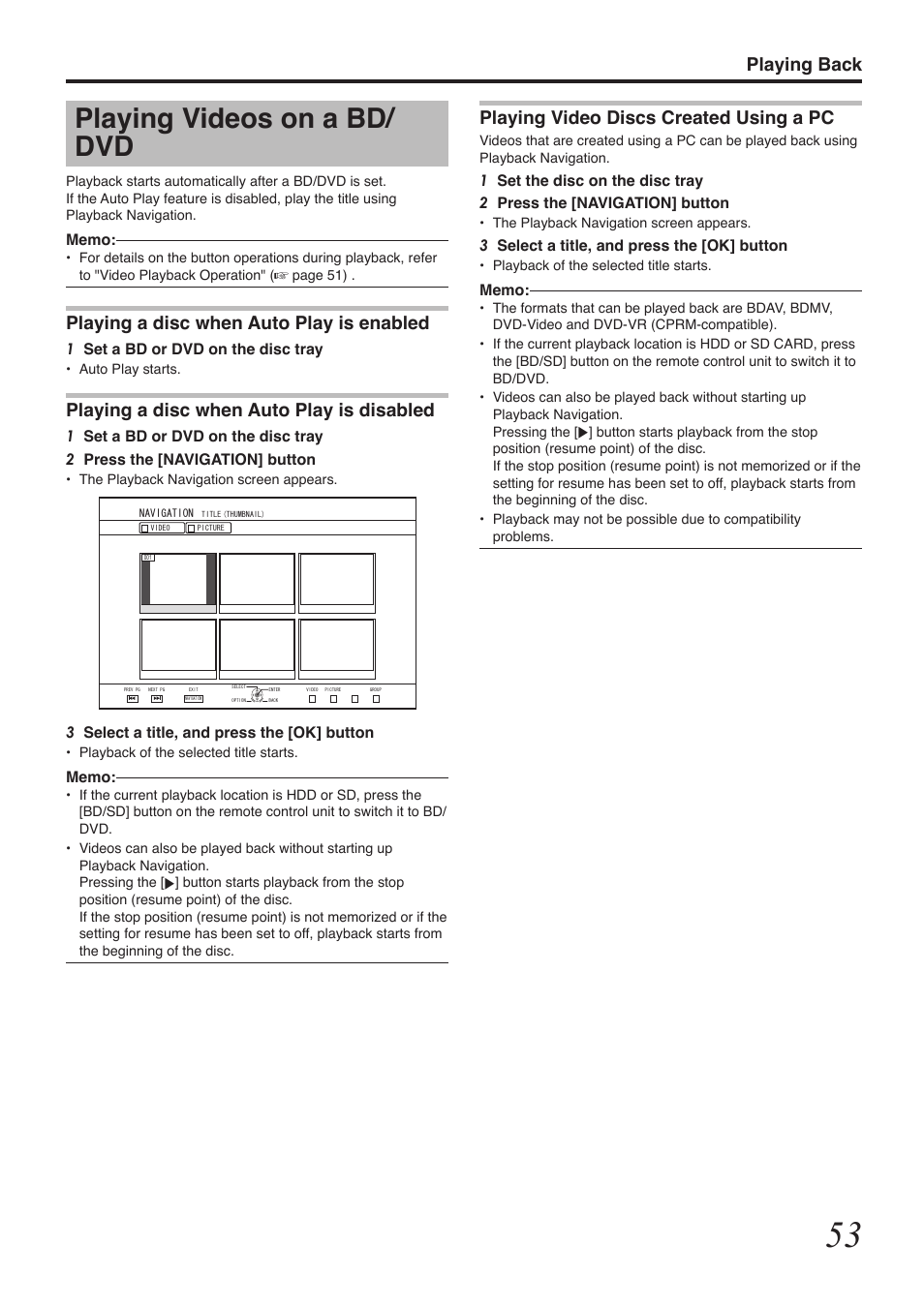 Playing videos on a bd/ dvd, Playing back, Playing video discs created using a pc | Playing a disc when auto play is enabled, Playing a disc when auto play is disabled | Tascam BD-R2000 User Manual | Page 53 / 112