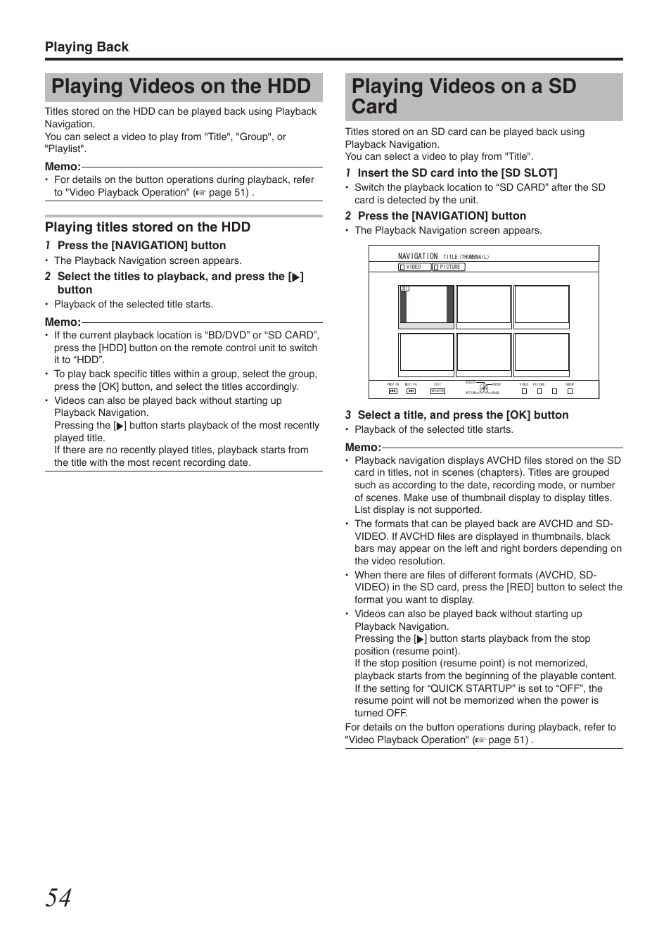 Playing videos on a sd card, Playing videos on the hdd, Playing back | Playing titles stored on the hdd | Tascam BD-R2000 User Manual | Page 54 / 112