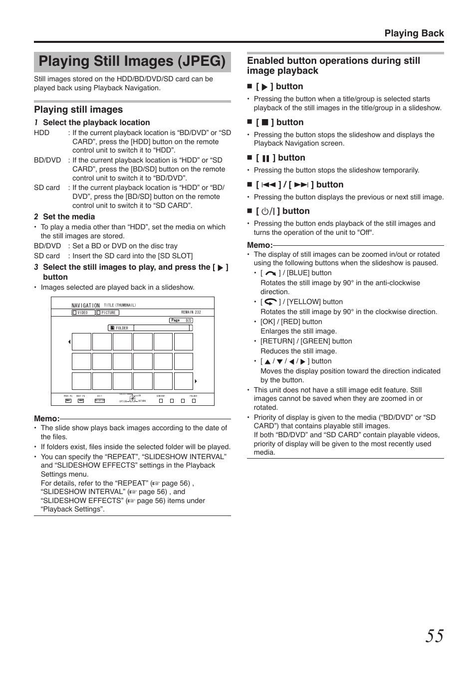 Playing still images (jpeg), Playing back, Playing still images | I ] button, O ] button, W ] button, S ] / [ t ] button, A ] button | Tascam BD-R2000 User Manual | Page 55 / 112