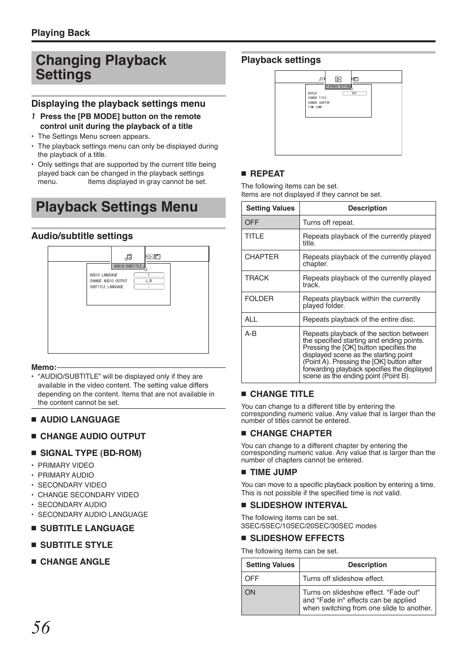 Changing playback settings, Playback settings menu, Playing back | Playback settings, Displaying the playback settings menu, Audio/subtitle settings | Tascam BD-R2000 User Manual | Page 56 / 112