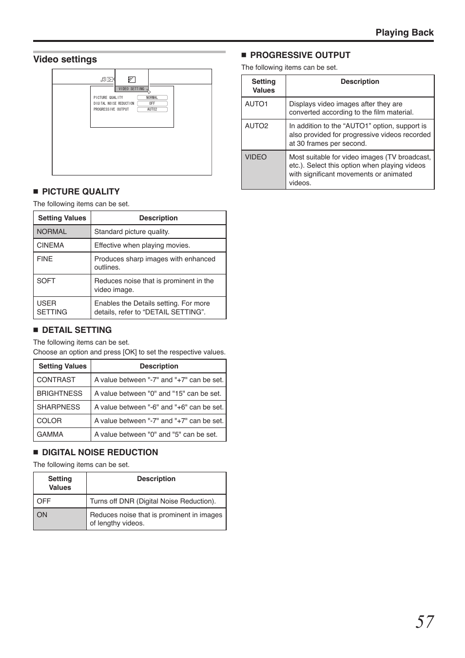 Playing back, Video settings | Tascam BD-R2000 User Manual | Page 57 / 112