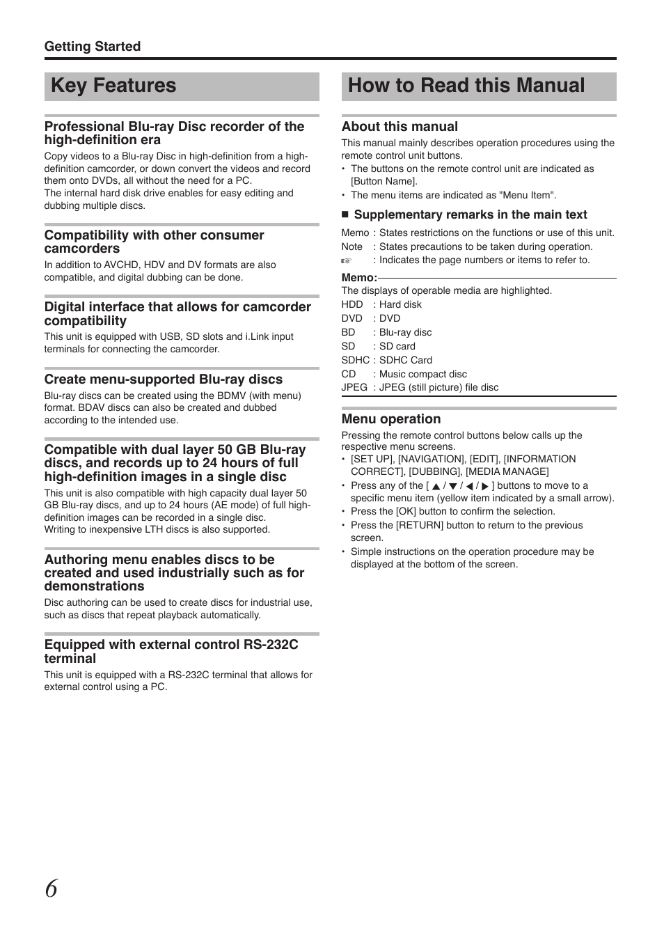 How to read this manual, Key features | Tascam BD-R2000 User Manual | Page 6 / 112