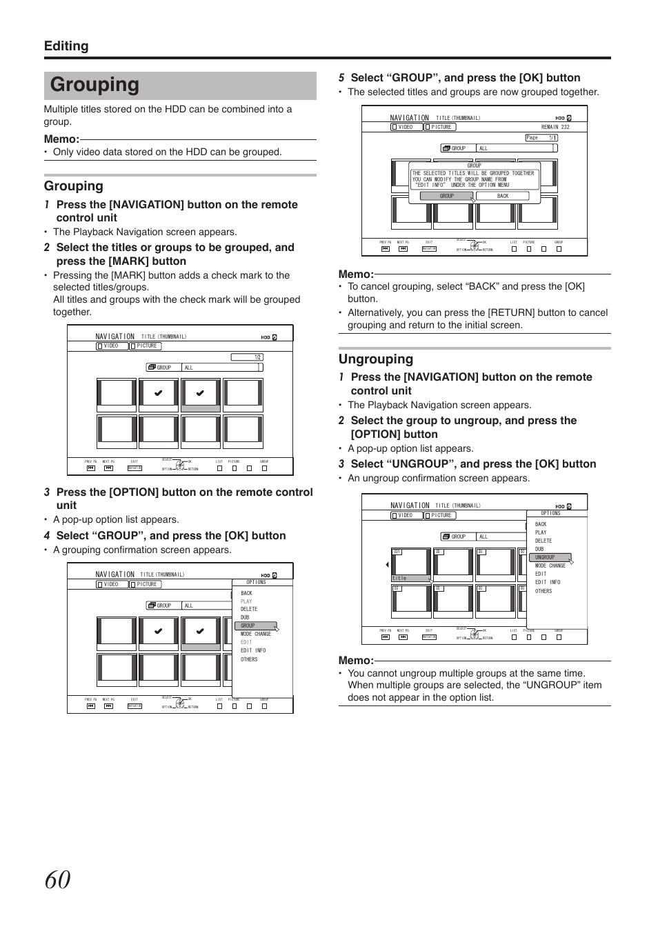 Grouping, Editing, Ungrouping | 5select “group”, and press the [ok] button, 3select “ungroup”, and press the [ok] button, 4select “group”, and press the [ok] button, The playback navigation screen appears, A pop-up option list appears, An ungroup confirmation screen appears, Only video data stored on the hdd can be grouped | Tascam BD-R2000 User Manual | Page 60 / 112