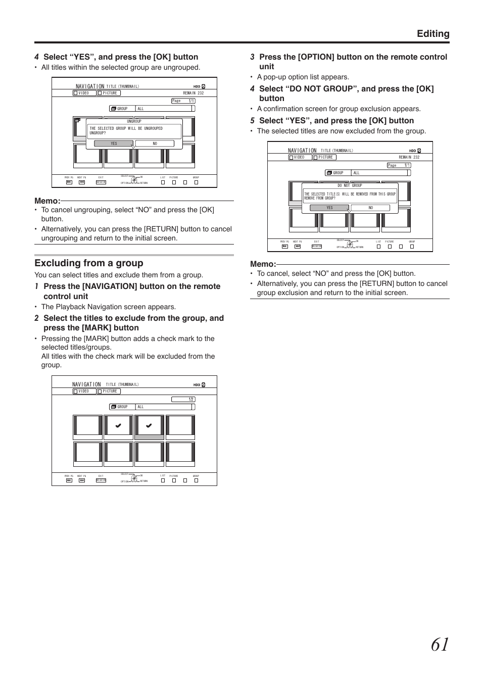 Editing, Excluding from a group, 4select “do not group”, and press the [ok] button | 5select “yes”, and press the [ok] button, 4select “yes”, and press the [ok] button, A pop-up option list appears, A confirmation screen for group exclusion appears, All titles within the selected group are ungrouped, The playback navigation screen appears | Tascam BD-R2000 User Manual | Page 61 / 112