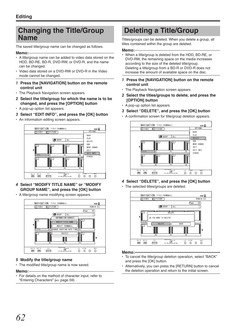 Deleting a title/group, Changing the title/group name, Editing | 3select “delete”, and press the [ok] button, 4select “delete”, and press the [ok] button, 3select “edit info”, and press the [ok] button, 5modify the title/group name, The playback navigation screen appears, A pop-up option list appears, The selected titles/groups are deleted | Tascam BD-R2000 User Manual | Page 62 / 112