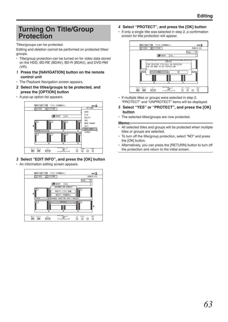 Turning on title/group protection, Editing, 4select “protect”, and press the [ok] button | 3select “edit info”, and press the [ok] button, The selected titles/groups are now protected, The playback navigation screen appears, A pop-up option list appears, An information editing screen appears | Tascam BD-R2000 User Manual | Page 63 / 112