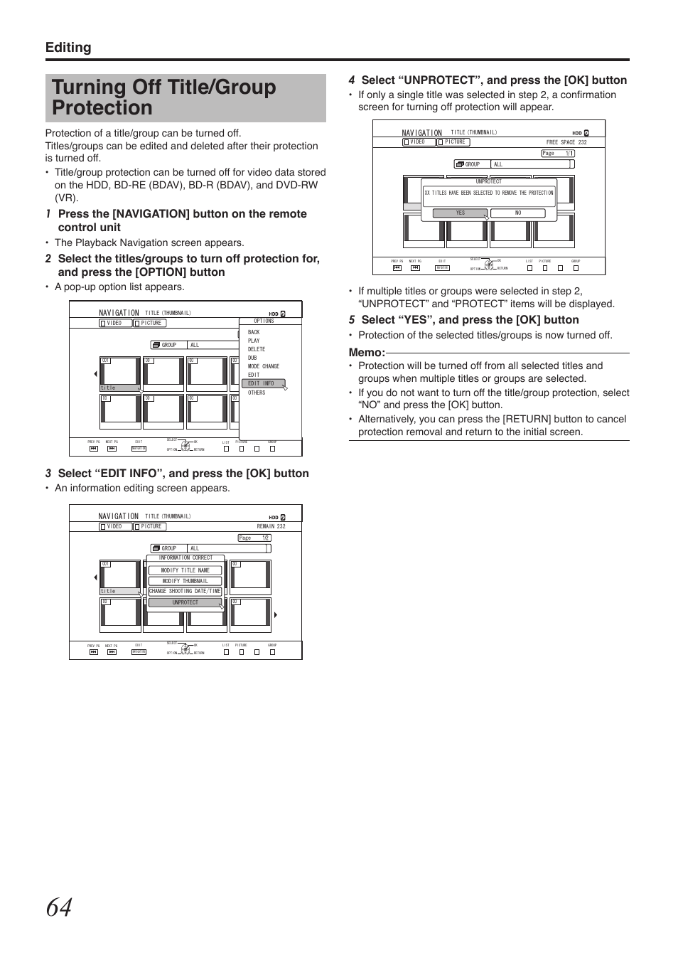 Turning off title/group protection, Editing, 4select “unprotect”, and press the [ok] button | 5select “yes”, and press the [ok] button, 3select “edit info”, and press the [ok] button, The playback navigation screen appears, A pop-up option list appears, An information editing screen appears | Tascam BD-R2000 User Manual | Page 64 / 112