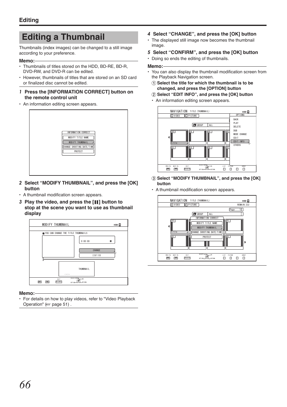 Editing a thumbnail, Editing, 4select “change”, and press the [ok] button | 5select “confirm”, and press the [ok] button, Doing so ends the editing of thumbnails, An information editing screen appears, A thumbnail modification screen appears | Tascam BD-R2000 User Manual | Page 66 / 112