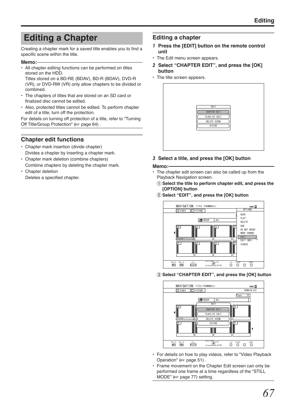 Editing, Editing a chapter, Chapter edit functions | 2select “chapter edit”, and press the [ok] button, The edit menu screen appears, The title screen appears | Tascam BD-R2000 User Manual | Page 67 / 112