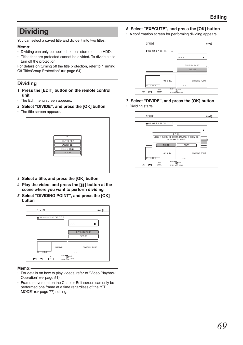 Dividing, Editing, 6select “execute”, and press the [ok] button | 7select “divide”, and press the [ok] button, 2select “divide”, and press the [ok] button, Dividing starts, The edit menu screen appears, The title screen appears | Tascam BD-R2000 User Manual | Page 69 / 112