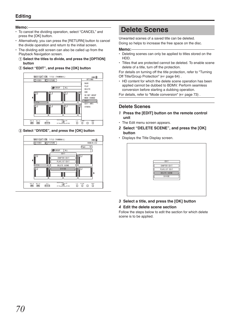 Delete scenes, Editing, 2select “delete scene”, and press the [ok] button | The edit menu screen appears, Displays the title display screen | Tascam BD-R2000 User Manual | Page 70 / 112