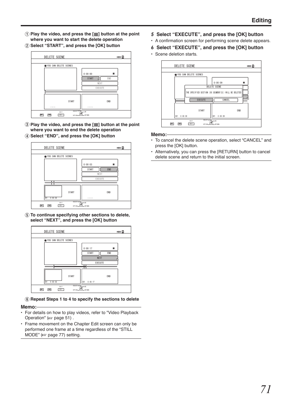 Editing, 5select “execute”, and press the [ok] button, 6select “execute”, and press the [ok] button | Scene deletion starts | Tascam BD-R2000 User Manual | Page 71 / 112