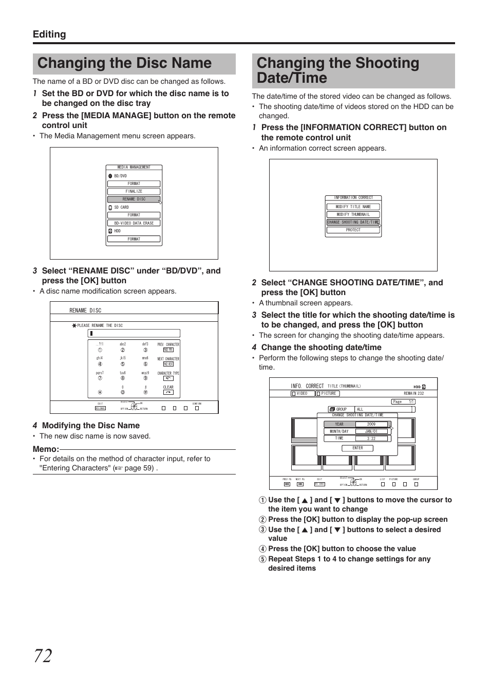 Changing the shooting date/time, Changing the disc name, Editing | 4change the shooting date/time, 4modifying the disc name | Tascam BD-R2000 User Manual | Page 72 / 112