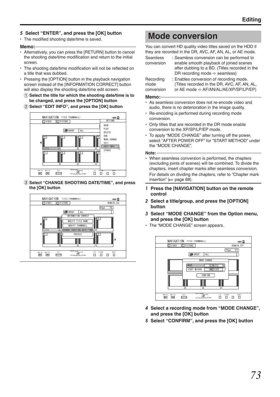 Mode conversion, Editing, The “mode change” screen appears | The modified shooting date/time is saved | Tascam BD-R2000 User Manual | Page 73 / 112