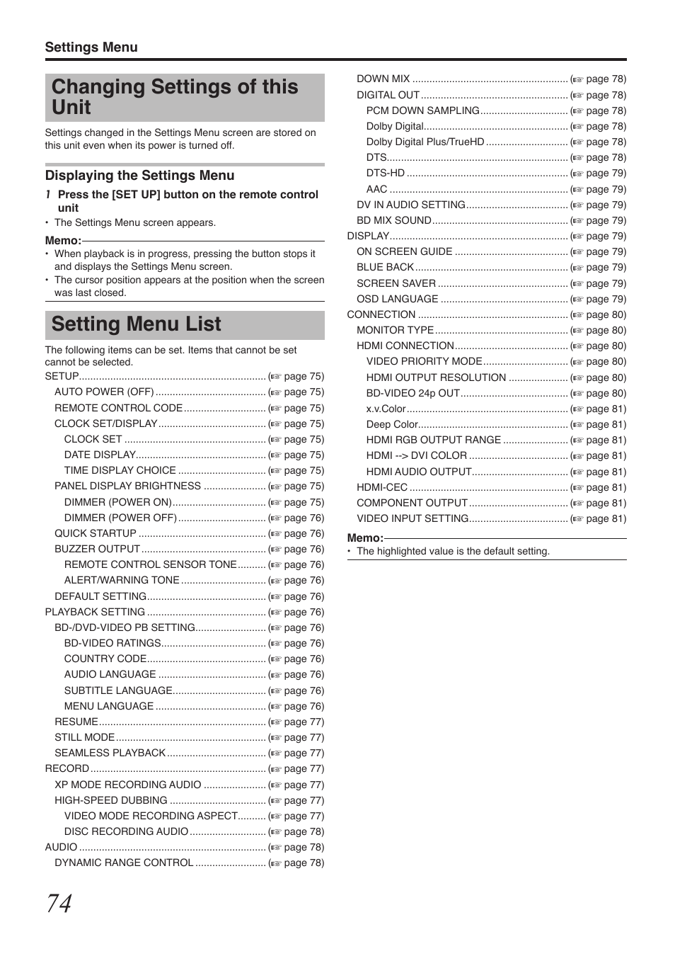 Changing settings of this unit, Setting menu list | Tascam BD-R2000 User Manual | Page 74 / 112