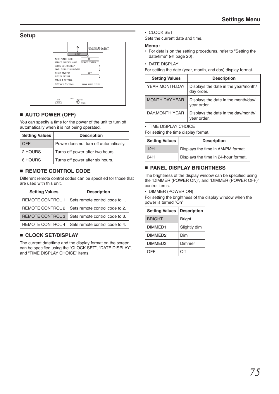 Settings menu, Setup, Panel display brightness | Auto power (off), Remote control code, Clock set/display | Tascam BD-R2000 User Manual | Page 75 / 112