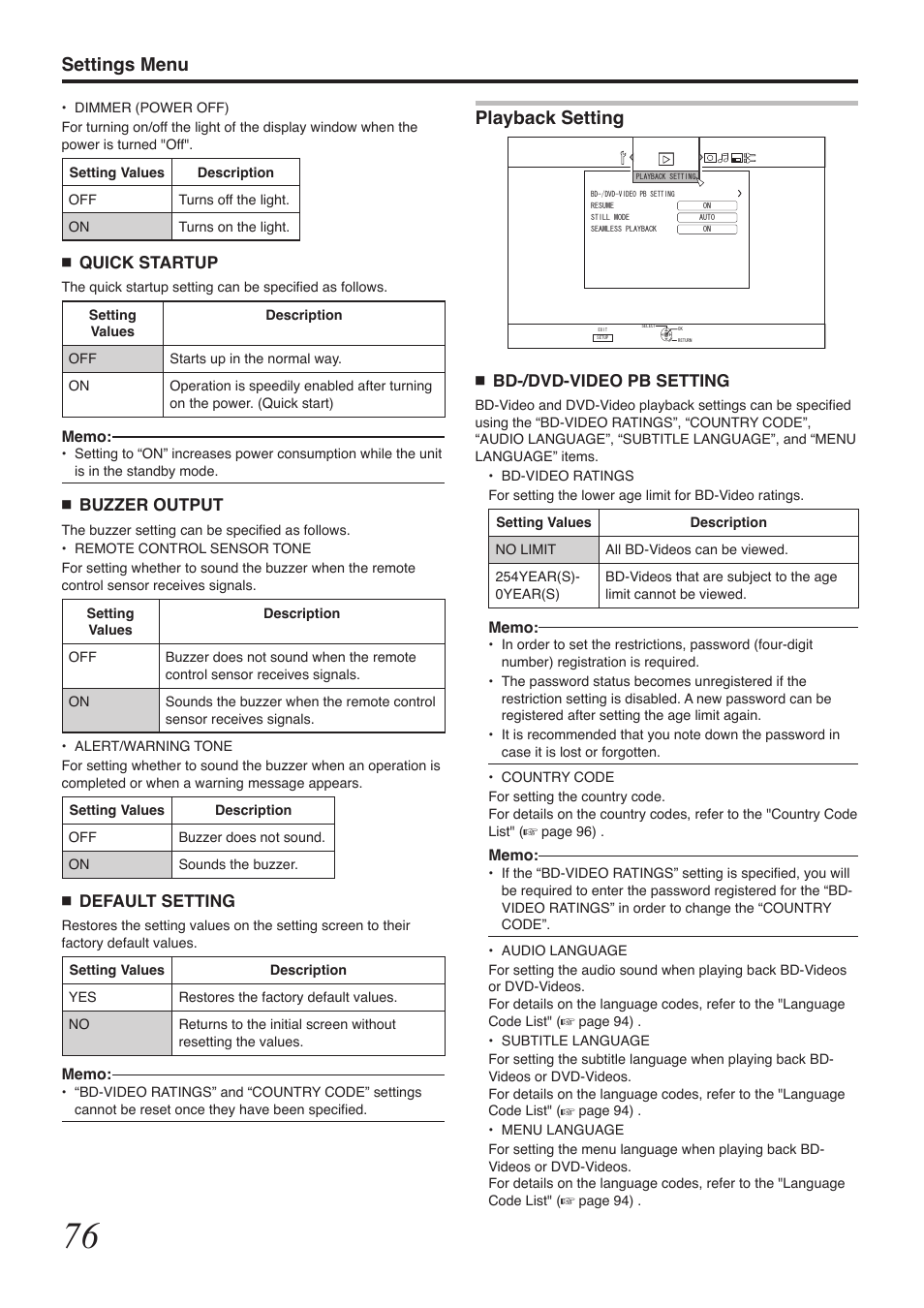 Settings menu, Playback setting | Tascam BD-R2000 User Manual | Page 76 / 112