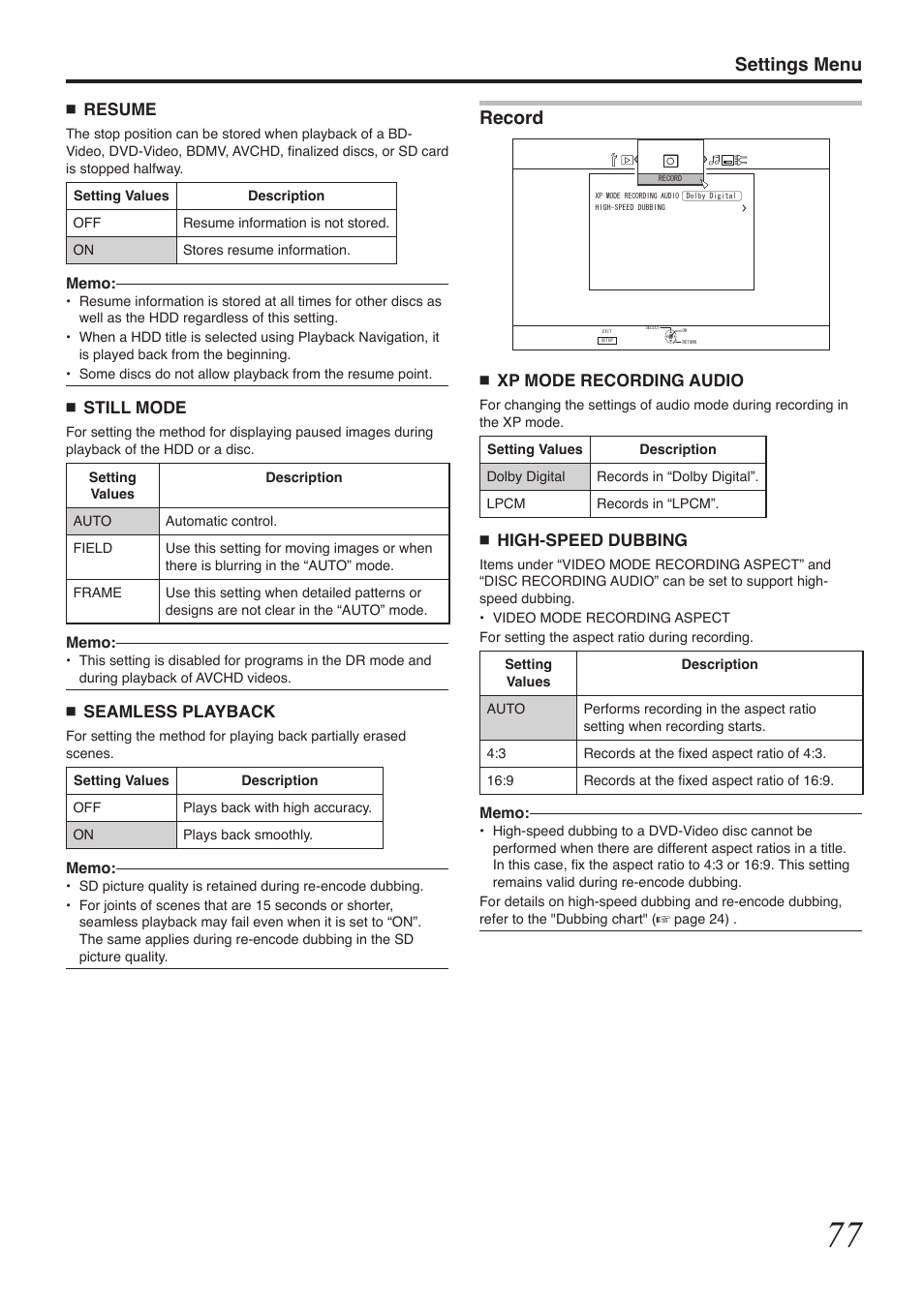 Settings menu, Record | Tascam BD-R2000 User Manual | Page 77 / 112