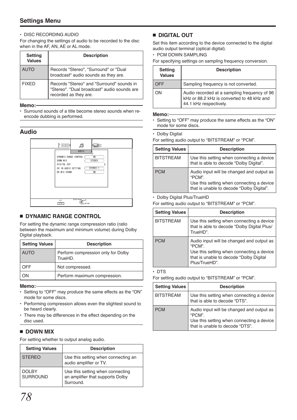 Settings menu, Audio, Digital out | Dynamic range control, Down mix | Tascam BD-R2000 User Manual | Page 78 / 112