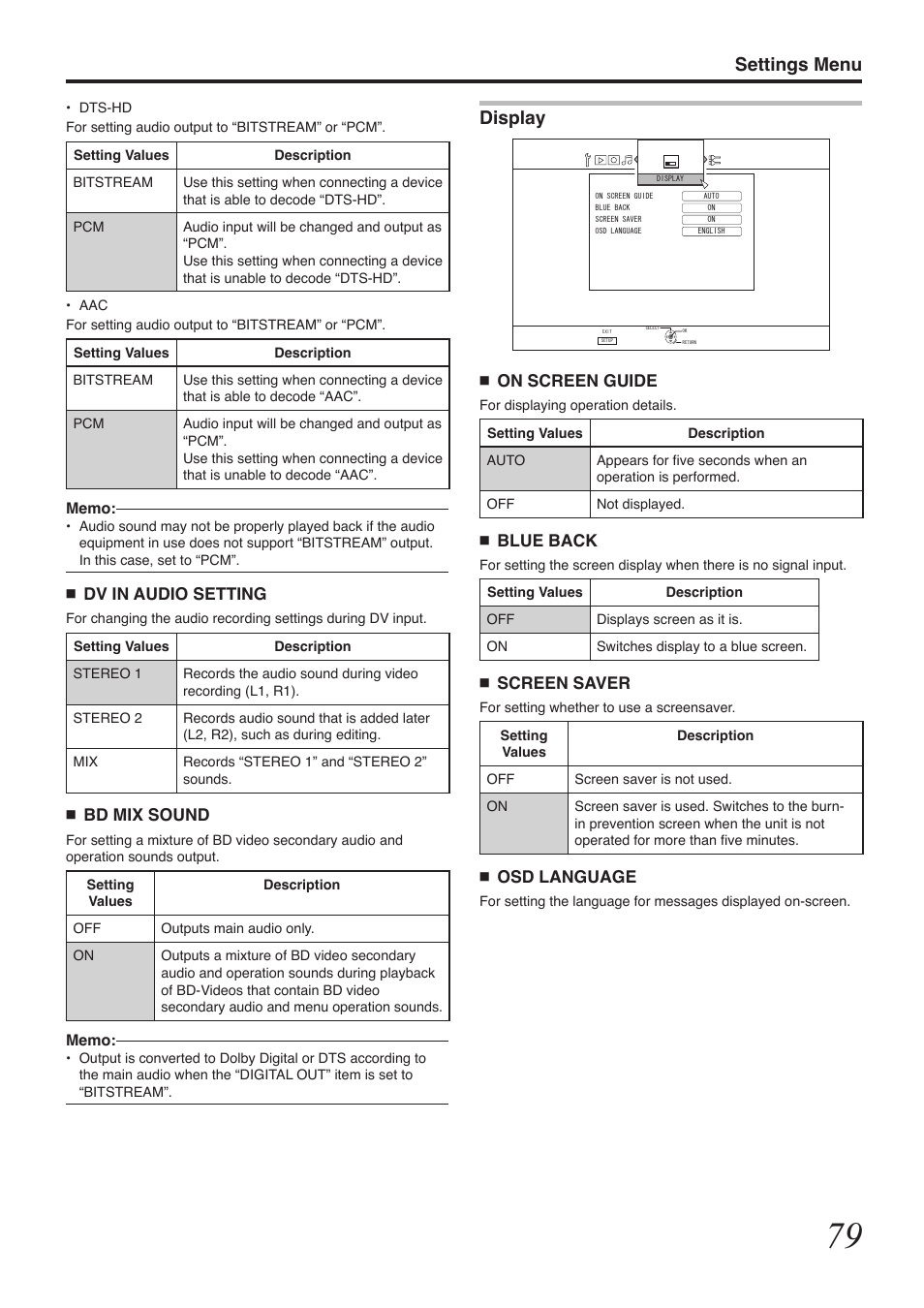 Settings menu, Display, On screen guide | Blue back, Screen saver, Osd language, Dv in audio setting, Bd mix sound | Tascam BD-R2000 User Manual | Page 79 / 112