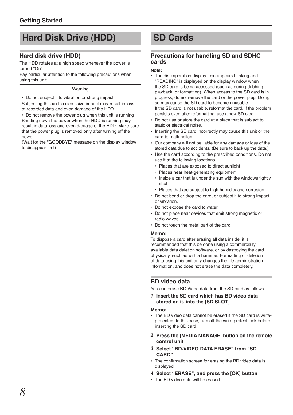 Sd cards, Hard disk drive (hdd), Getting started | Precautions for handling sd and sdhc cards, Bd video data | Tascam BD-R2000 User Manual | Page 8 / 112