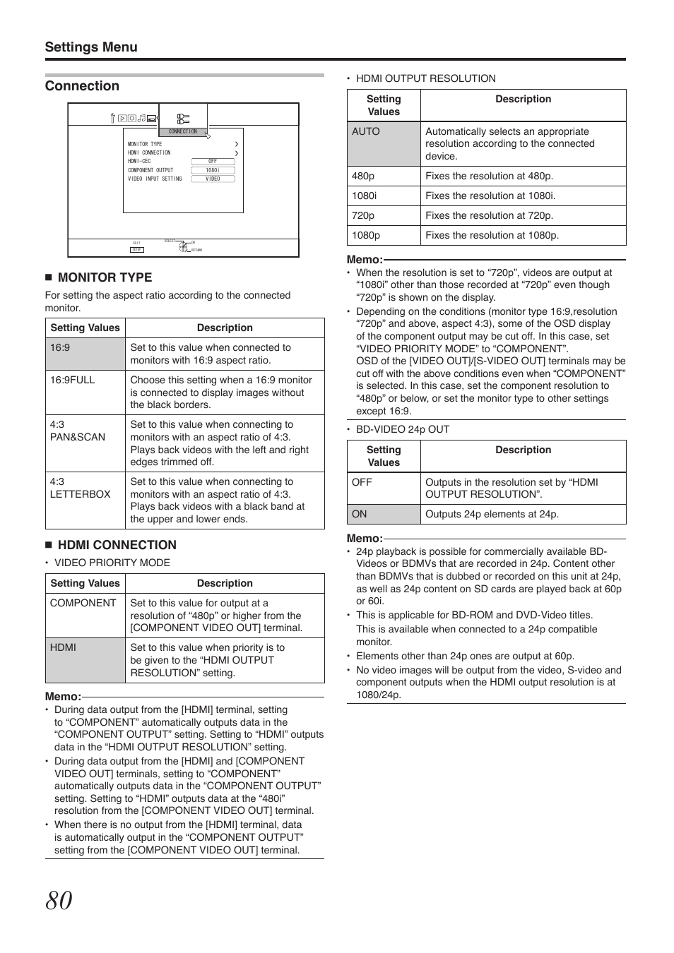 Settings menu, Connection, Monitor type | Hdmi connection | Tascam BD-R2000 User Manual | Page 80 / 112