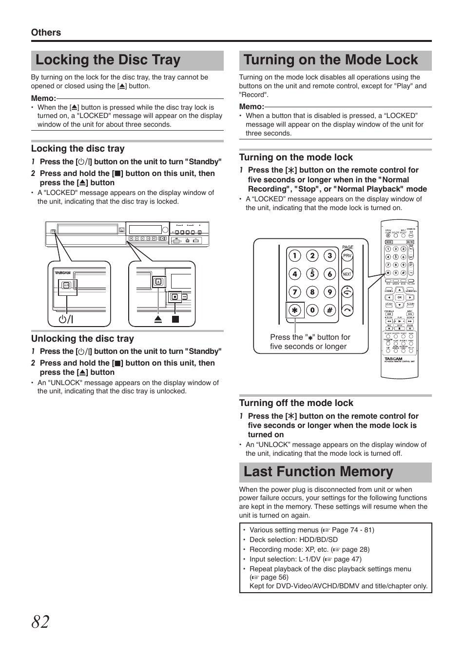 Turning on the mode lock, Locking the disc tray | Tascam BD-R2000 User Manual | Page 82 / 112