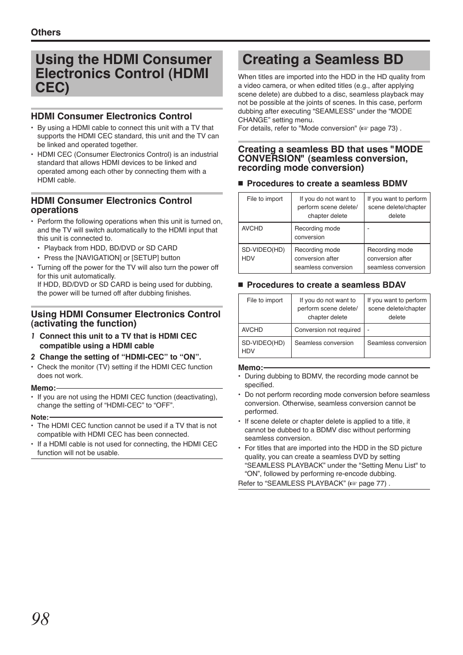 Creating a seamless bd, Others, Hdmi consumer electronics control | Hdmi consumer electronics control operations | Tascam BD-R2000 User Manual | Page 98 / 112