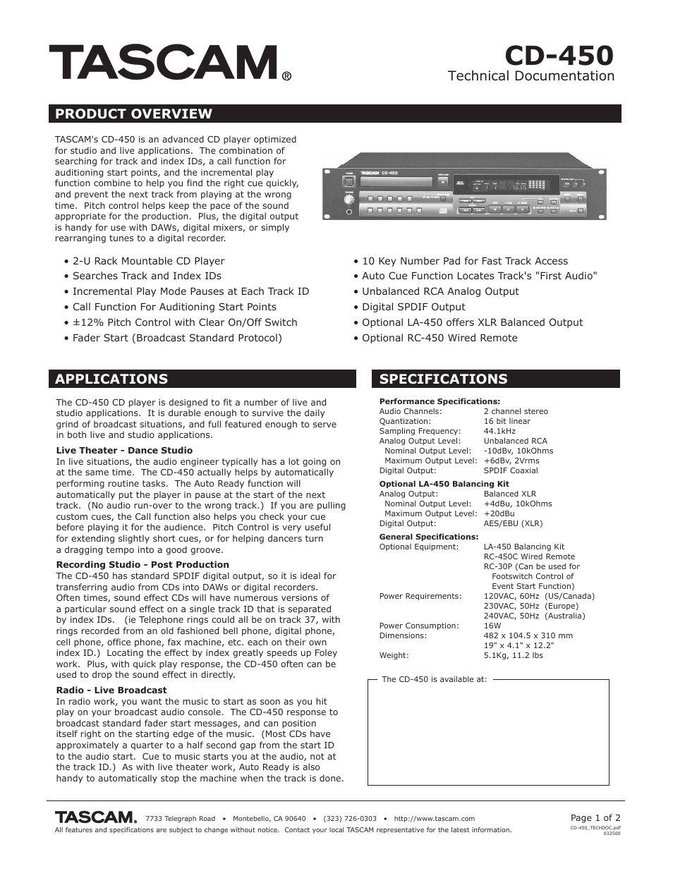 Tascam CD 450 User Manual | 2 pages