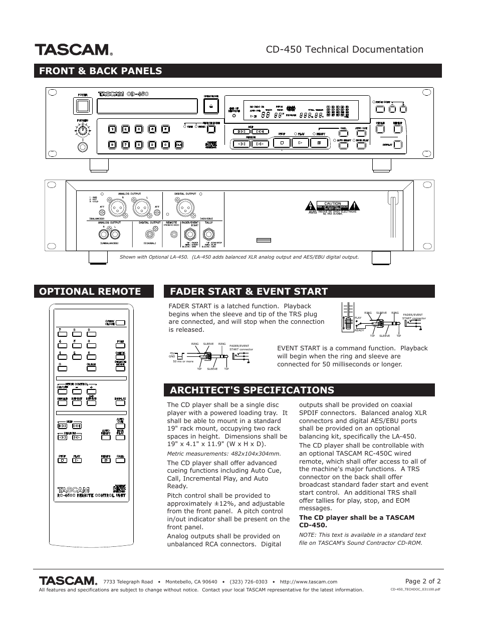 Cd-450 technical documentation, Optional remote fader start & event start, Front & back panels | Architect's specifications | Tascam CD 450 User Manual | Page 2 / 2