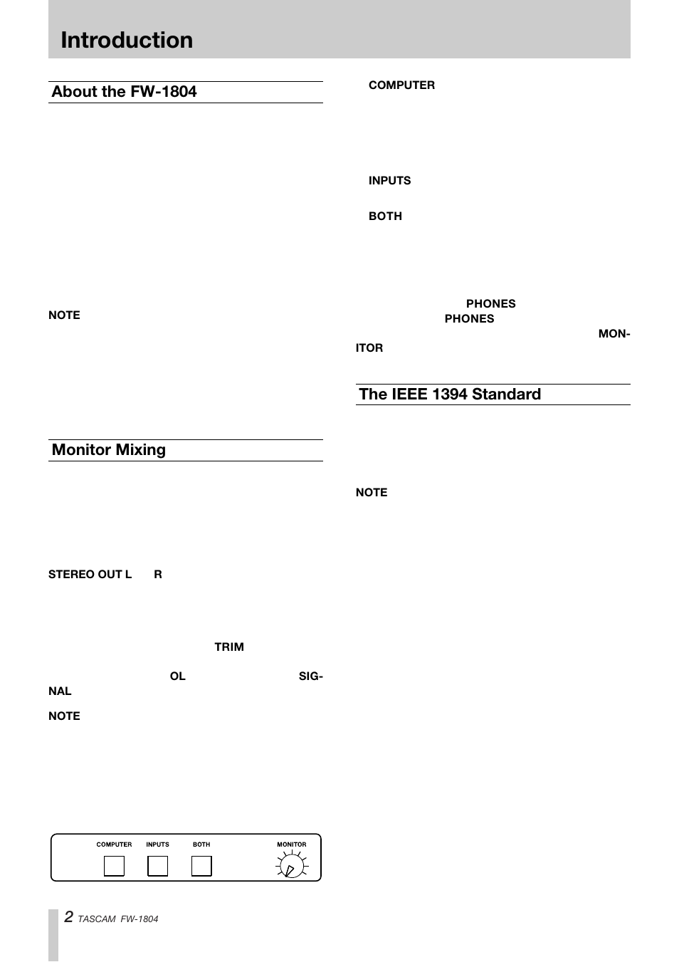 Introduction, About the fw-1804, Monitor mixing | The ieee 1394 standard | Tascam FW-1804 User Manual | Page 2 / 12