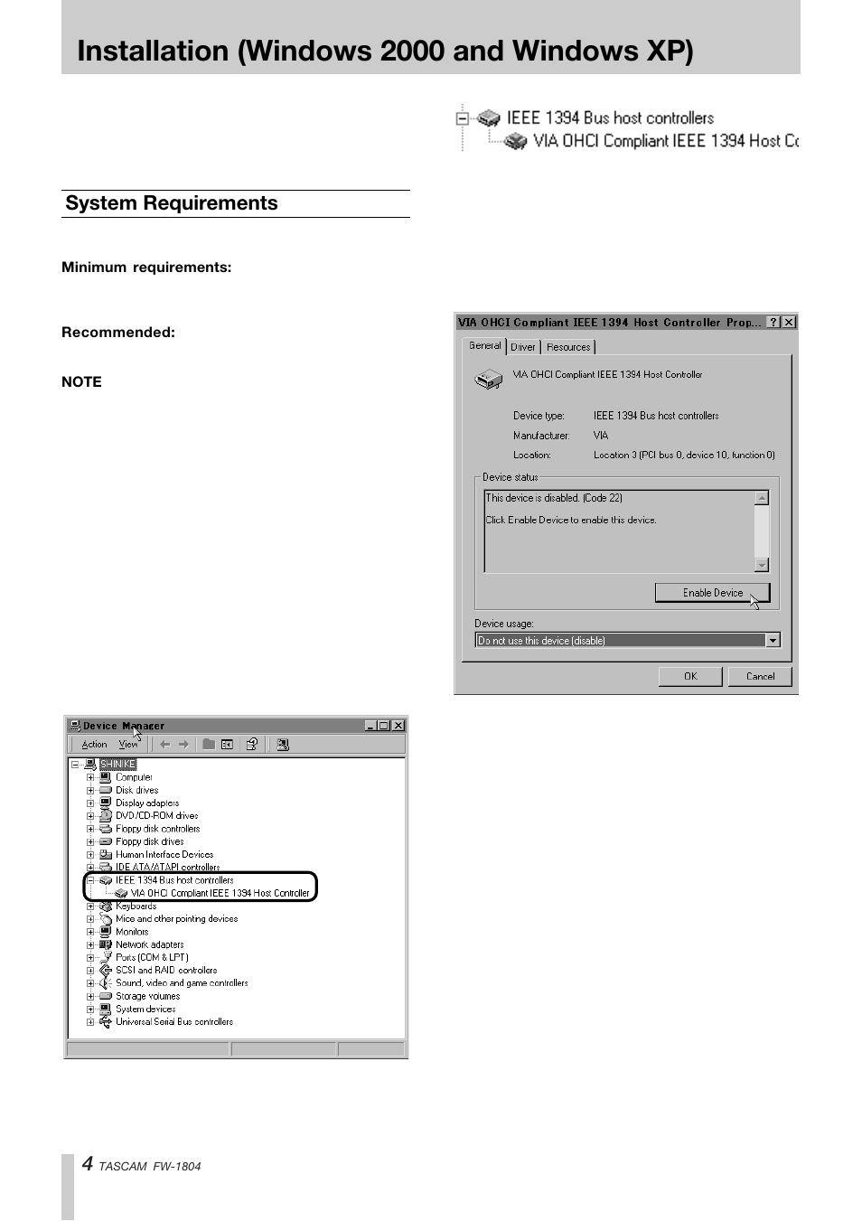 Installation (windows 2000 and windows xp), System requirements | Tascam FW-1804 User Manual | Page 4 / 12