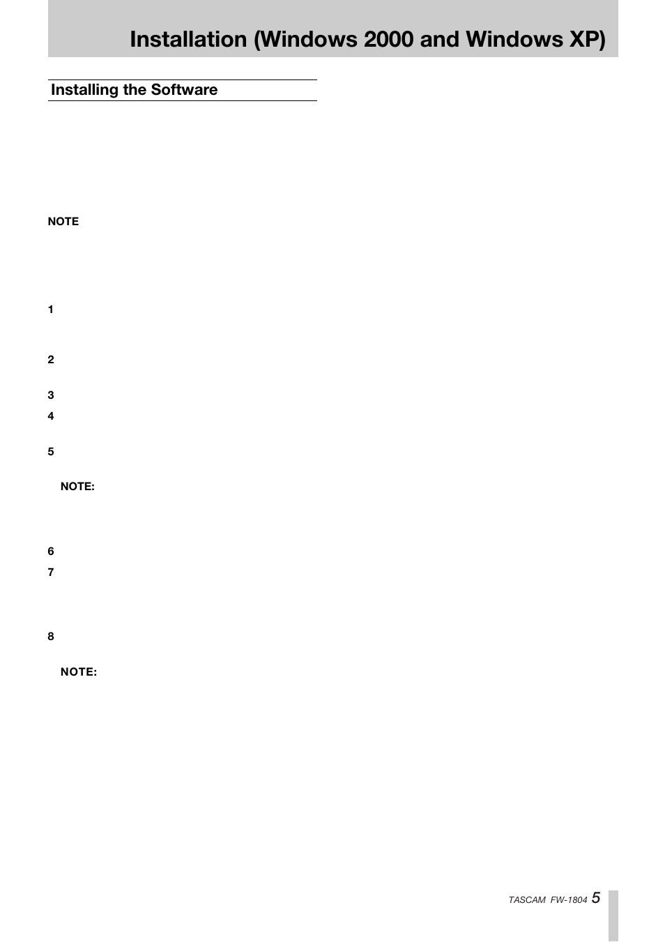 Installation (windows 2000 and windows xp), Installing the software | Tascam FW-1804 User Manual | Page 5 / 12