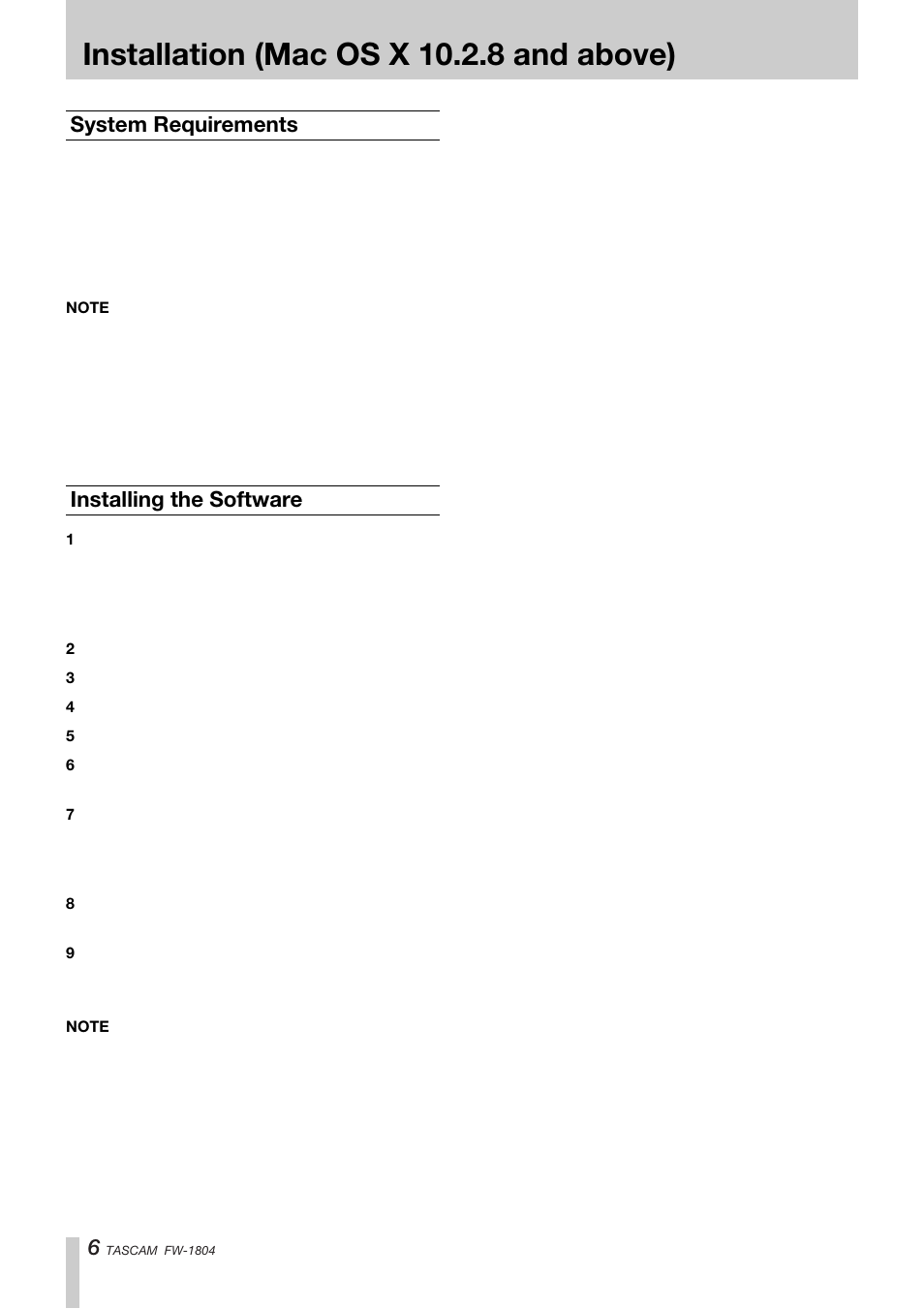 Installation (mac os x 10.2.8 and above), System requirements, Installing the software | Tascam FW-1804 User Manual | Page 6 / 12