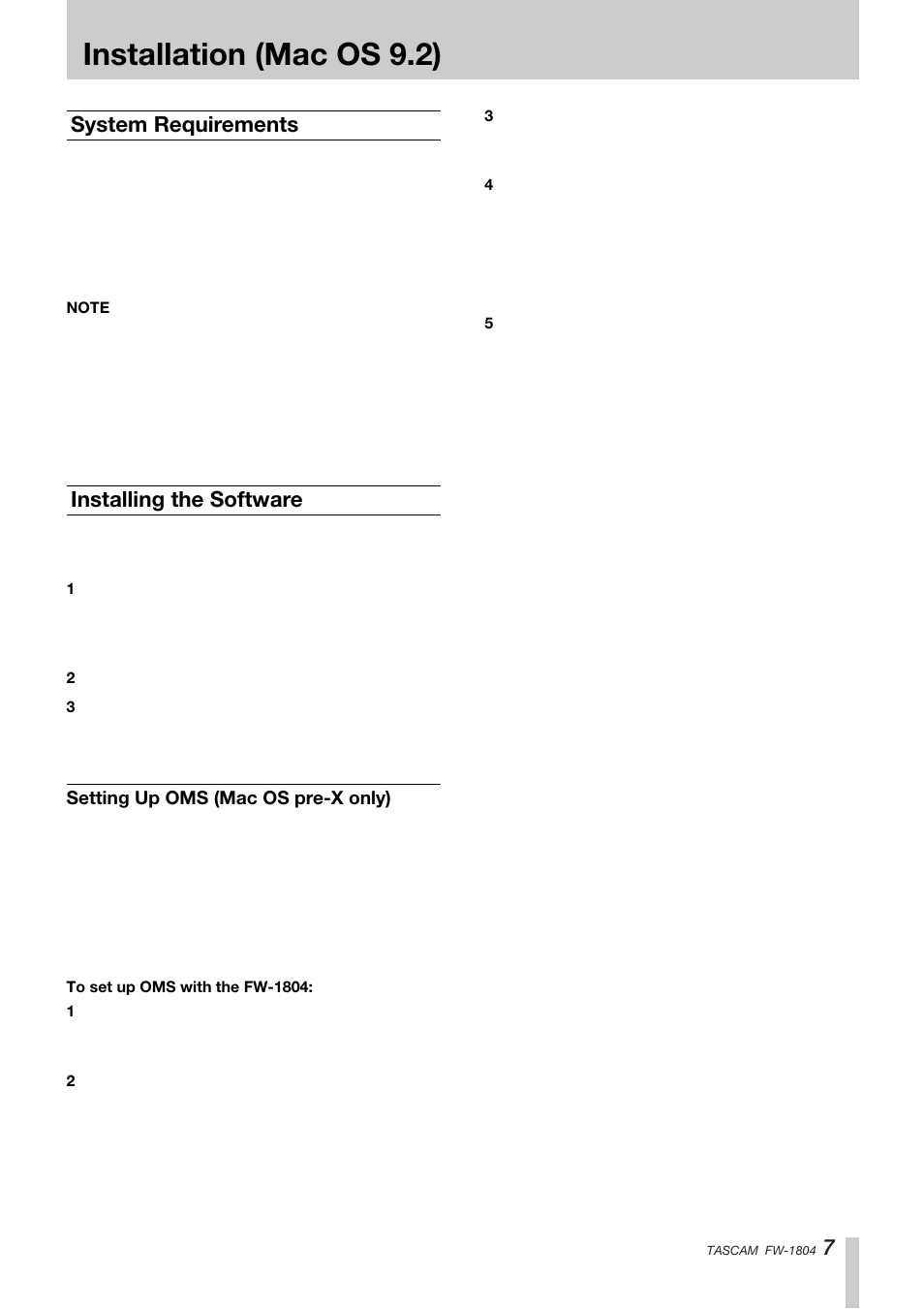 Installation (mac os 9.2), System requirements, Installing the software | Tascam FW-1804 User Manual | Page 7 / 12