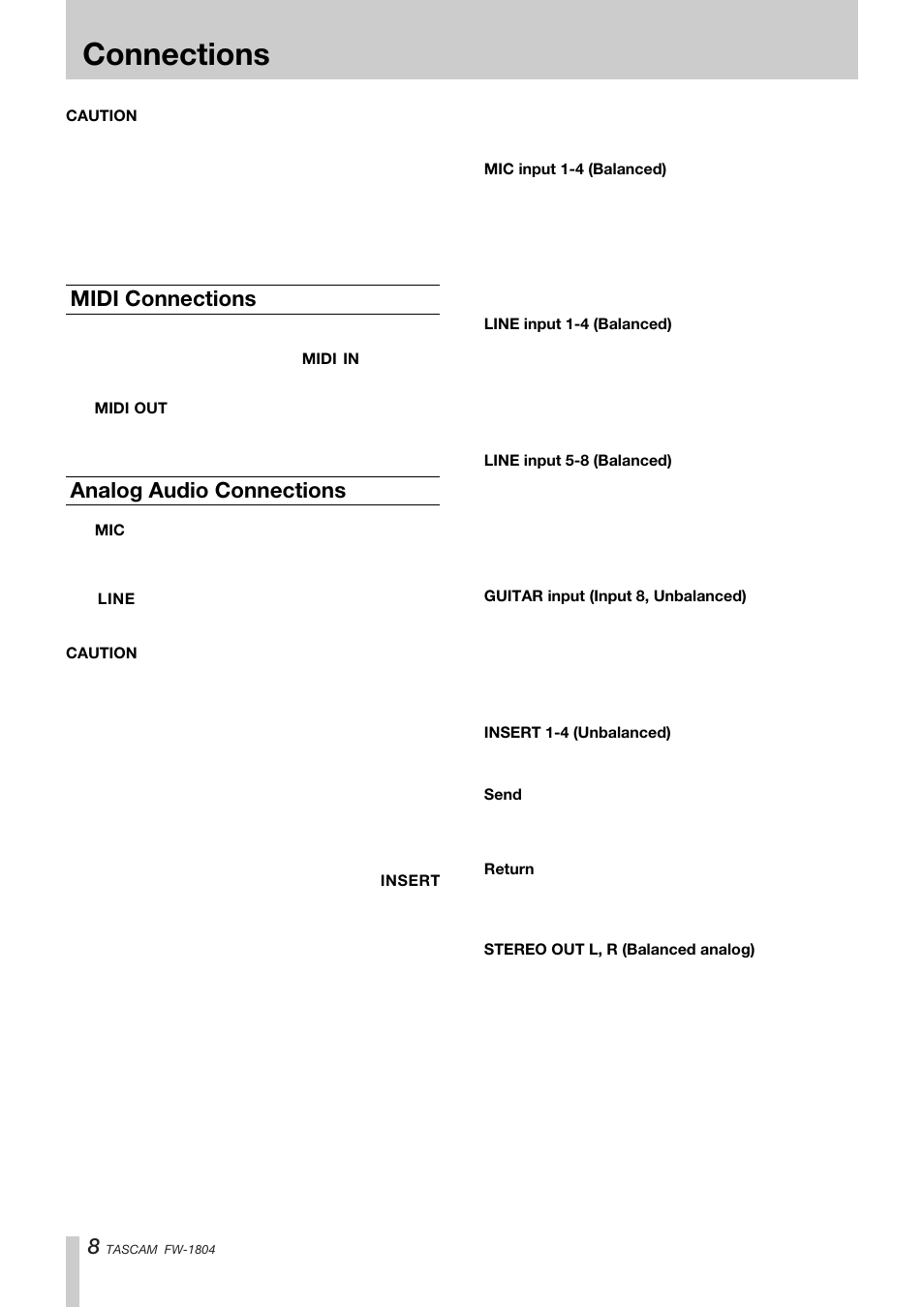 Connections, Midi connections, Analog audio connections | Tascam FW-1804 User Manual | Page 8 / 12