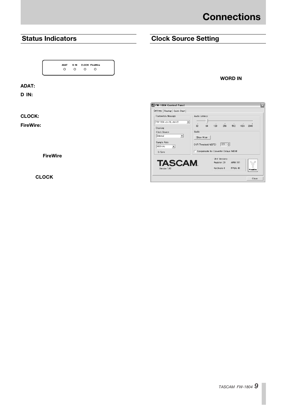 Connections, Status indicators, Clock source setting | Tascam FW-1804 User Manual | Page 9 / 12