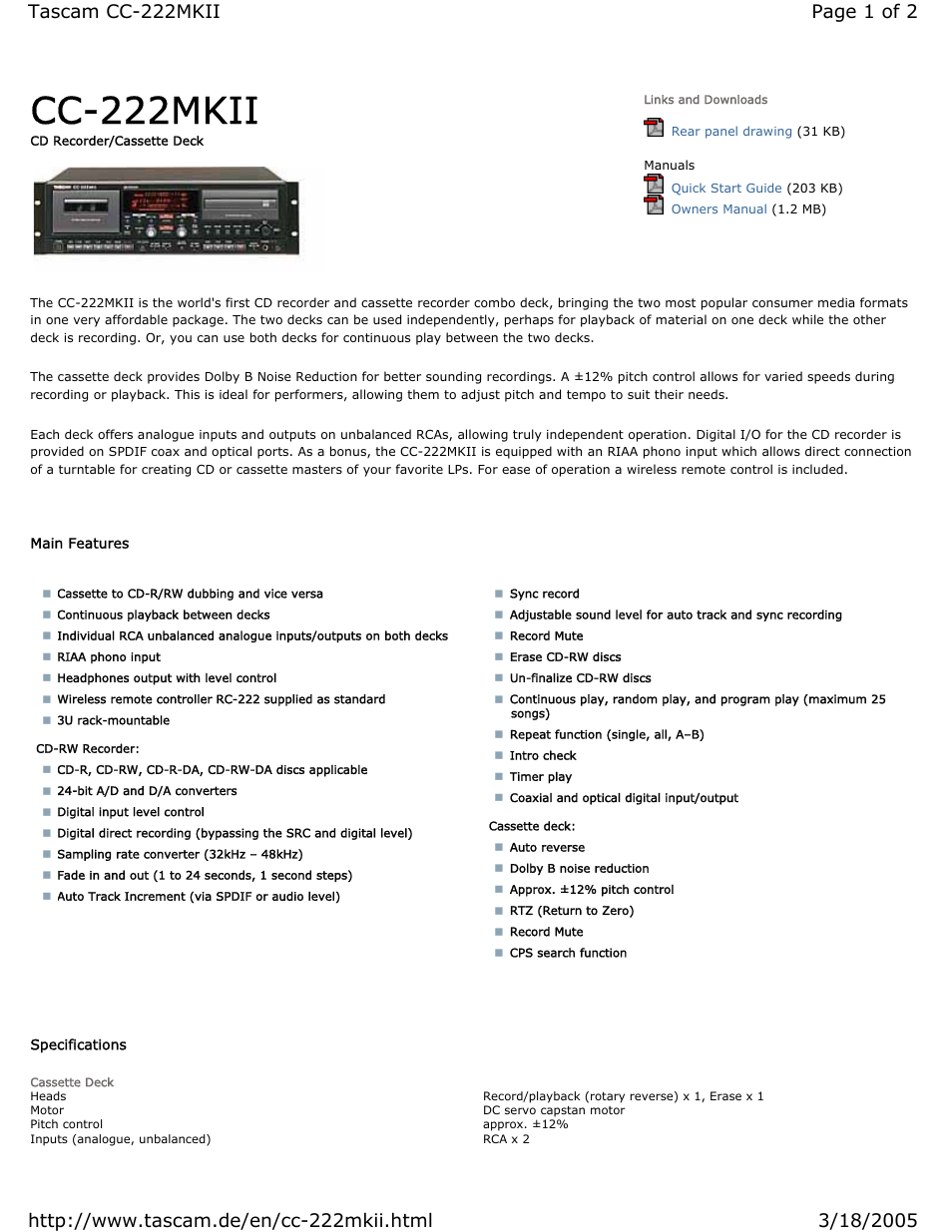 Tascam CD RECORDER/CASSETTE DECK CC-222MKII User Manual | 2 pages